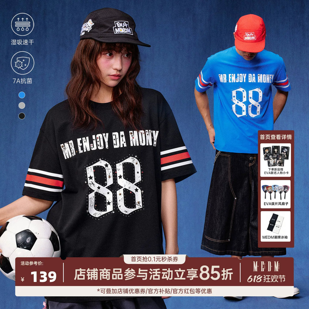 MEDM star studded bead contrasting striped quick drying casual retro jersey loose antibacterial short sleeved T-shirt for men and women