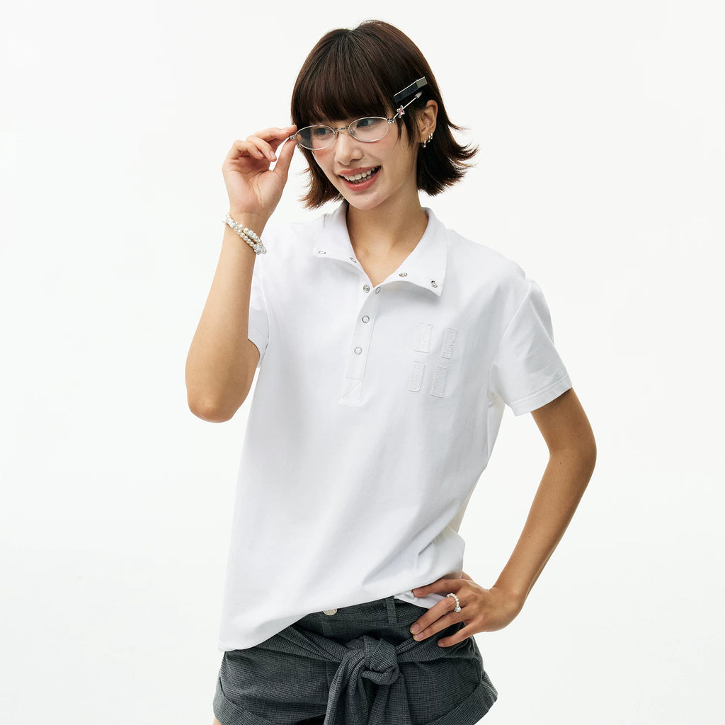 MEDM Embroidered Logo Casual Stand up Collar Short Sleeve Trendy Basic Versatile Simple Unisex Loose T-shirt