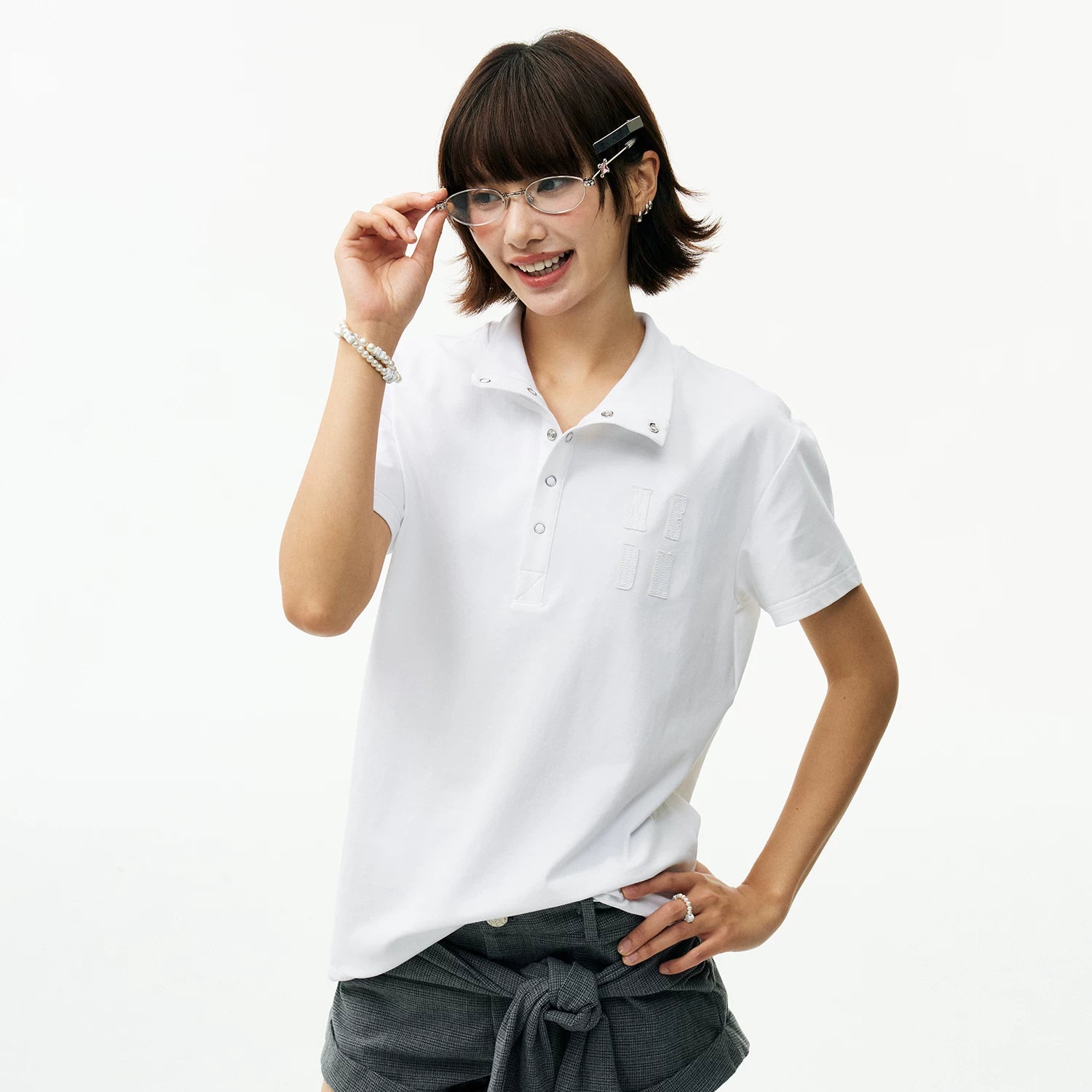 MEDM Embroidered Logo Casual Stand up Collar Short Sleeve Trendy Basic Versatile Simple Unisex Loose T-shirt