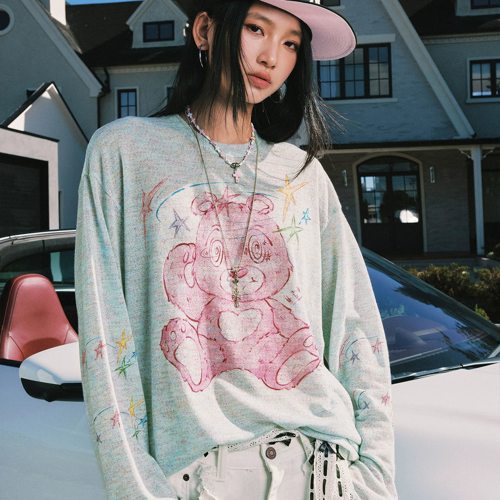 MEDM Dazzling Bear Series Printed Casual Long Sleeve Hoodie Trendy Skin friendly Breathable Round Neck Couple Top Autumn
