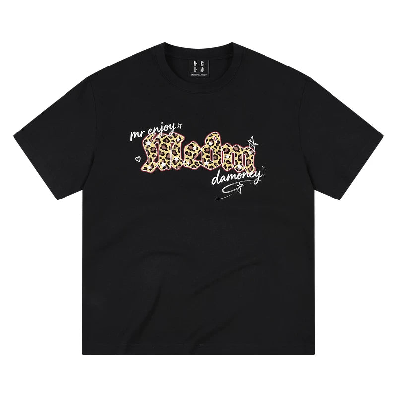 MEDM leopard print Gothic graffiti patch casual round neck short sleeved American street style unisex loose T-shirt summer