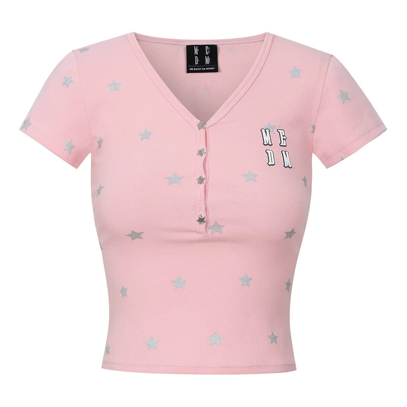 MEDM Star Flash V-neck Henley collar full printed star casual short sleeved letter 3D printed slimming short T-shirt