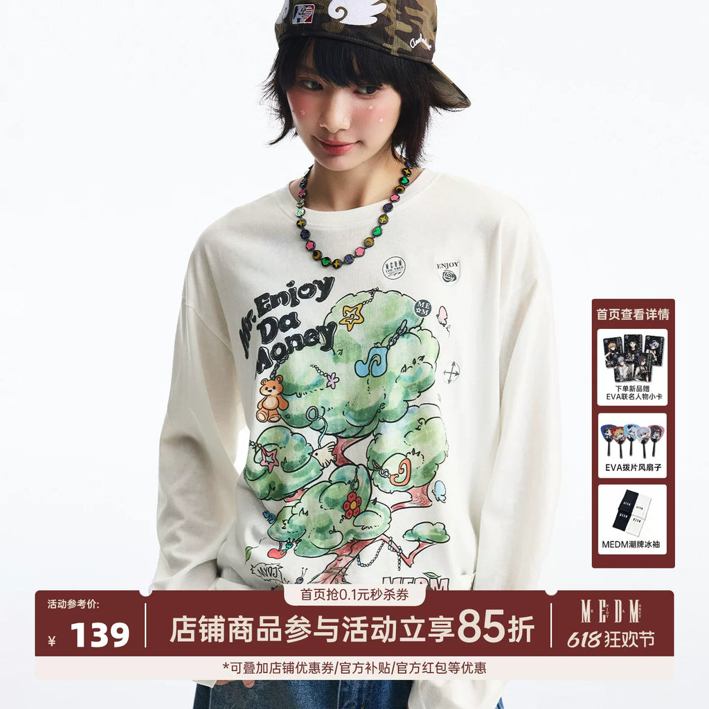 MEDM Fun Card Stickers Printed Stickers Casual Round Neck Long Sleeve T-shirt Spring/Summer Cute Style Loose Top for Men and Women