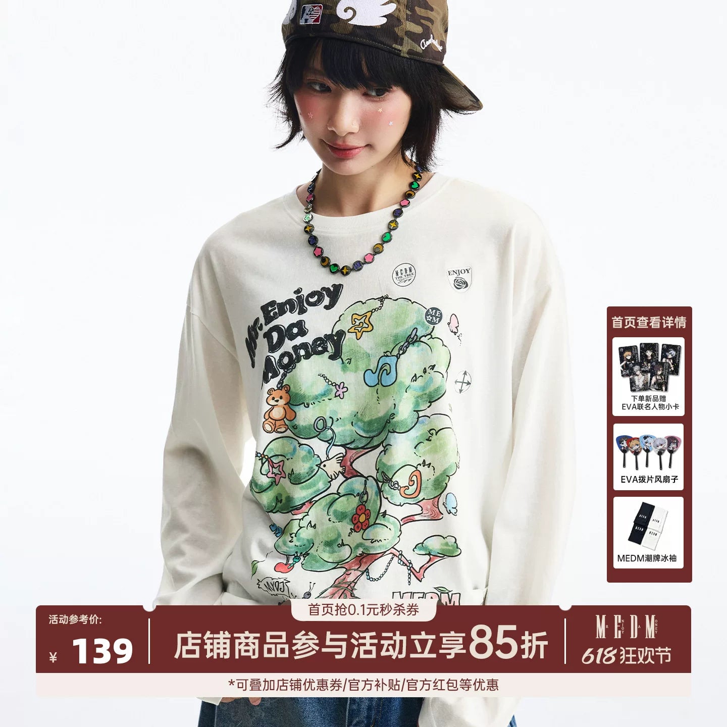 MEDM Fun Card Stickers Printed Stickers Casual Round Neck Long Sleeve T-shirt Spring/Summer Cute Style Loose Top for Men and Women