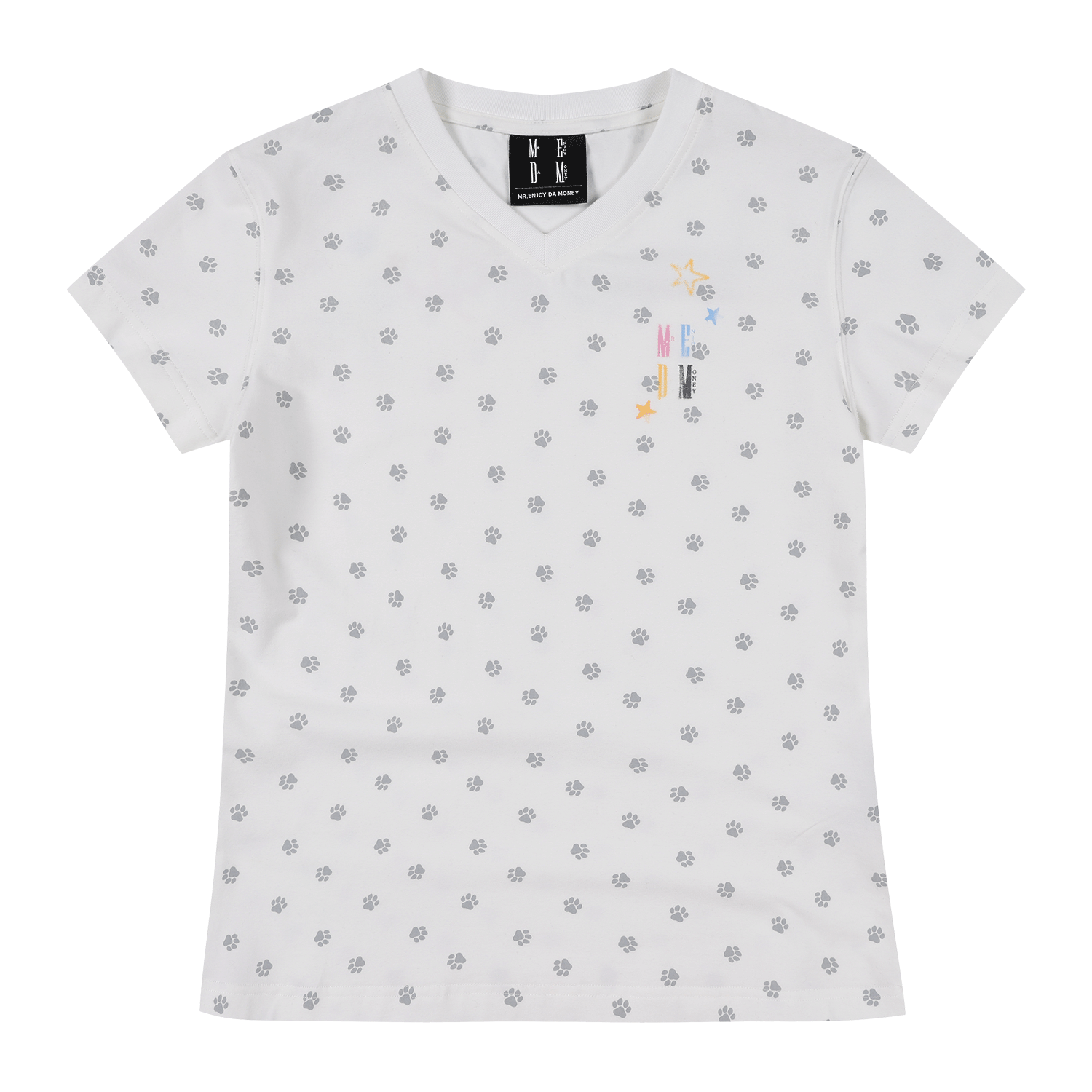 MEDM Short V-neck Dog Claw Full Print Casual T-shirt for Women, Cute Style, Slim Fit, Breathable, Versatile Short Sleeve