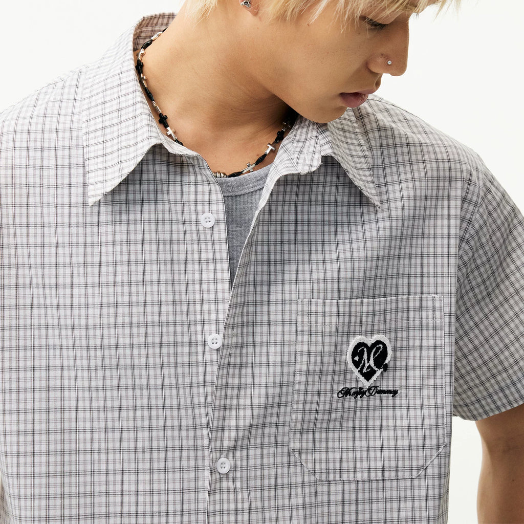 MEDM Love Toothbrush Embroidered Plaid Casual Short Sleeve Shirt for Couples, Retro Plaid Loose Outer Shirt for Men