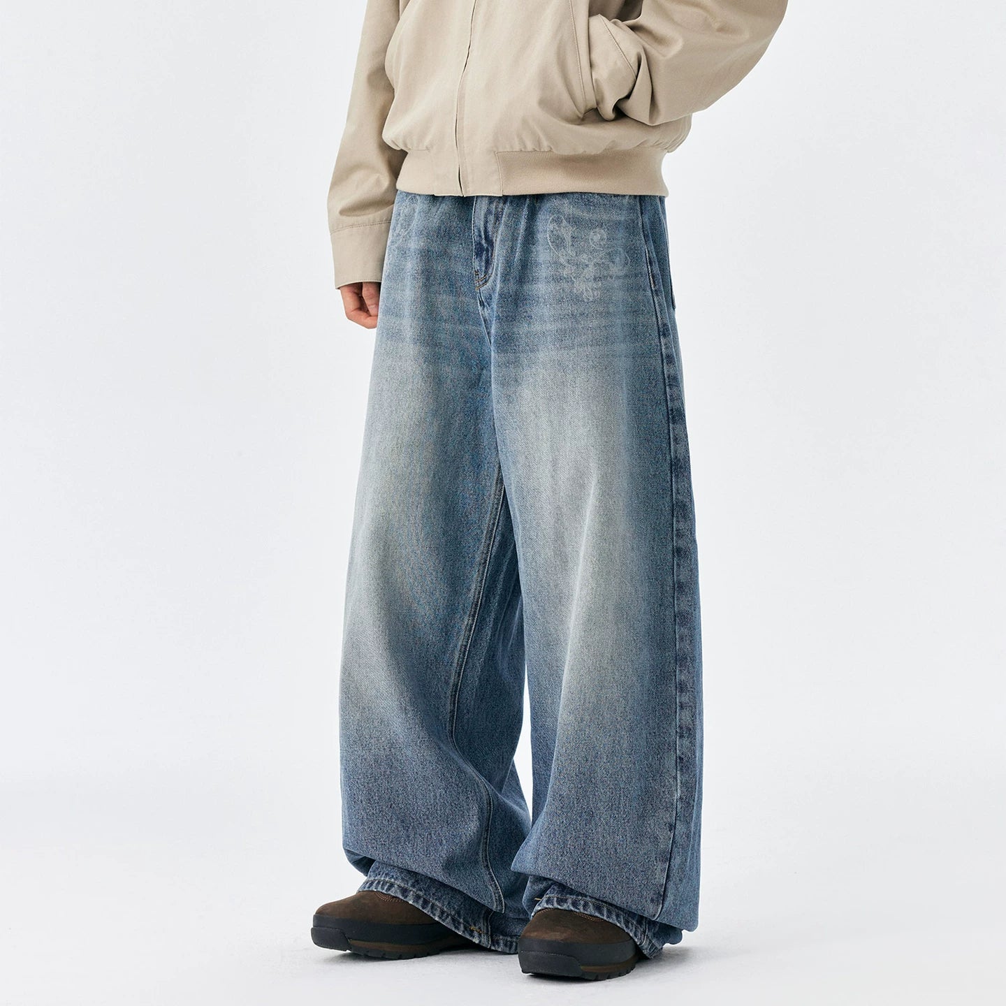 MEDM Flower Vine Laser Burnt Casual Bent Knife Jeans Street Versatile Mid Waist Micro Elastic Loose Wide Leg Pants Autumn