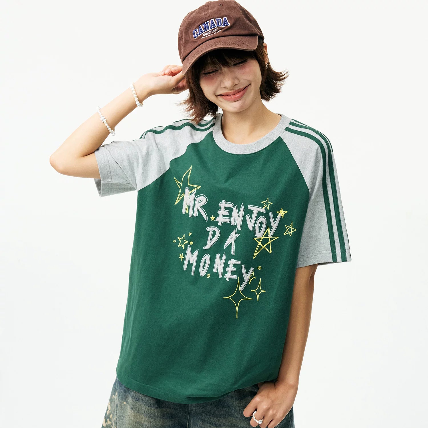 MEDM contrasting graffiti raglan sleeve striped casual T-shirt American street retro ribbed round neck couple short sleeved summer