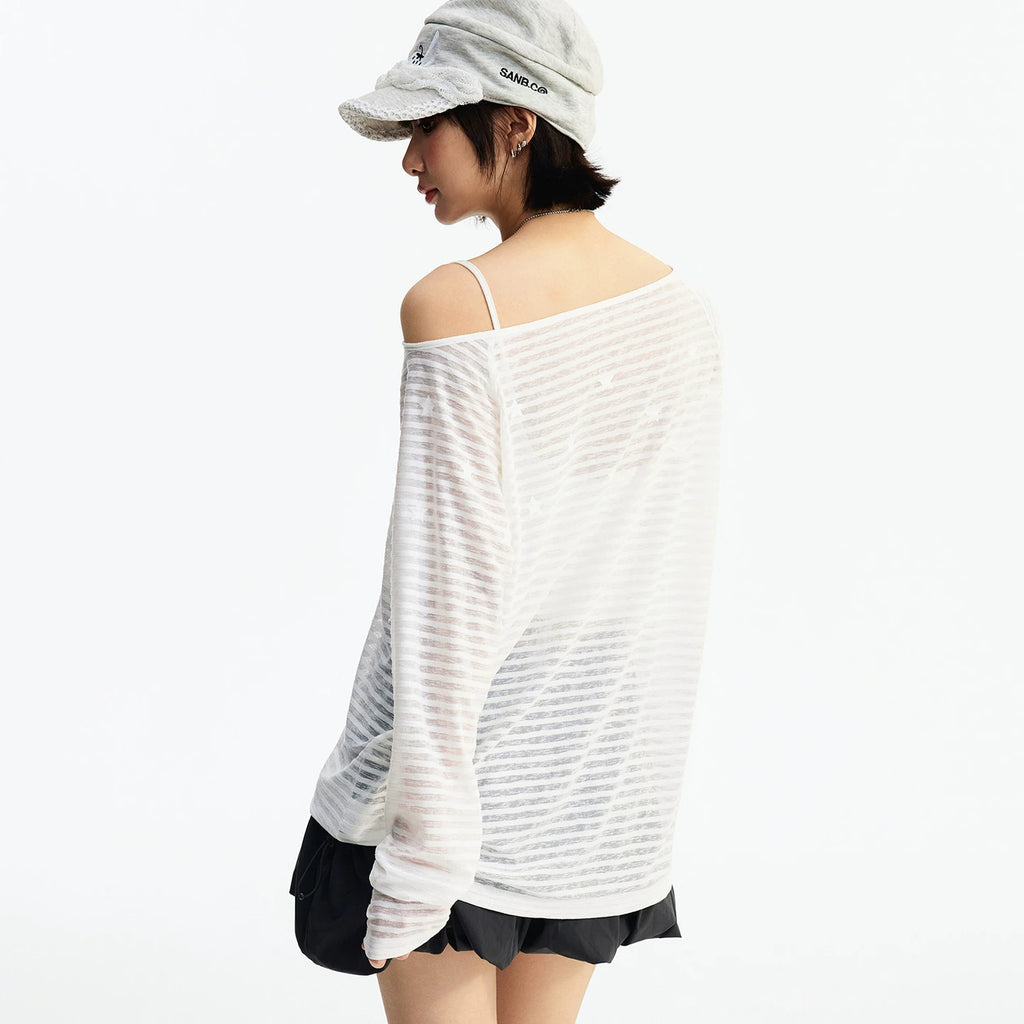 MEDM diagonal shoulder striped star casual lazy long sleeved T-shirt summer lightweight mesh breathable simple top for women