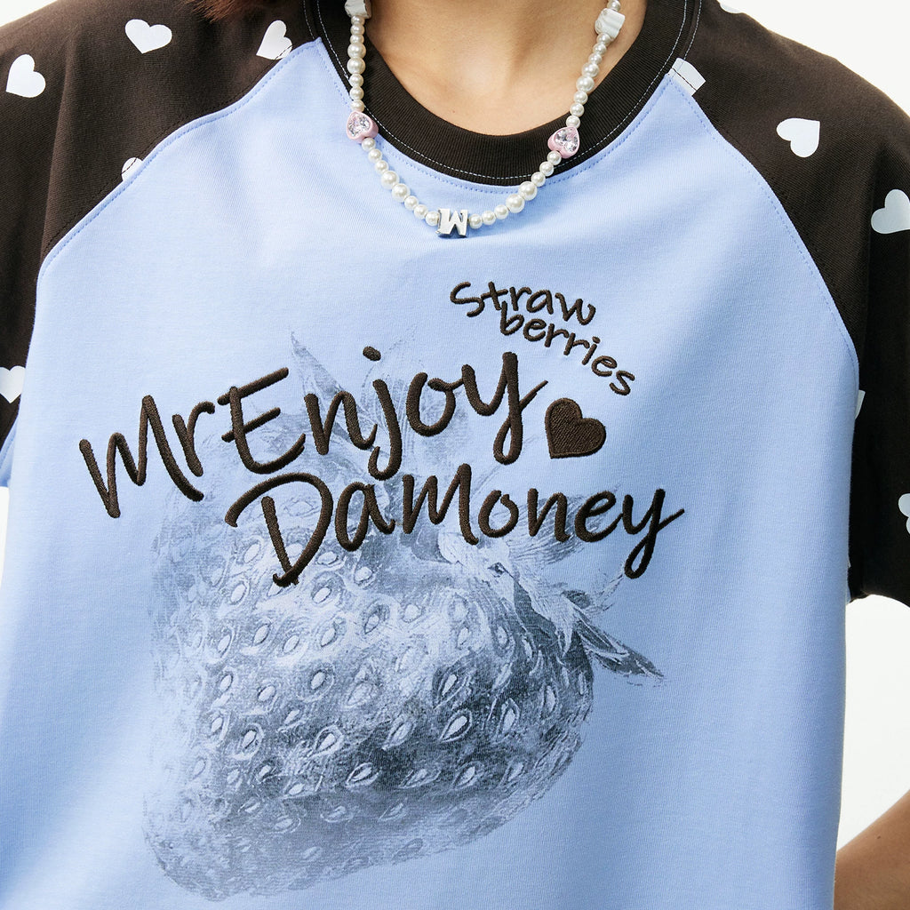 MEDM vintage washed strawberry printed raglan sleeves with heart-shaped polka dot short sleeves, trendy street girl style casual T-shirt