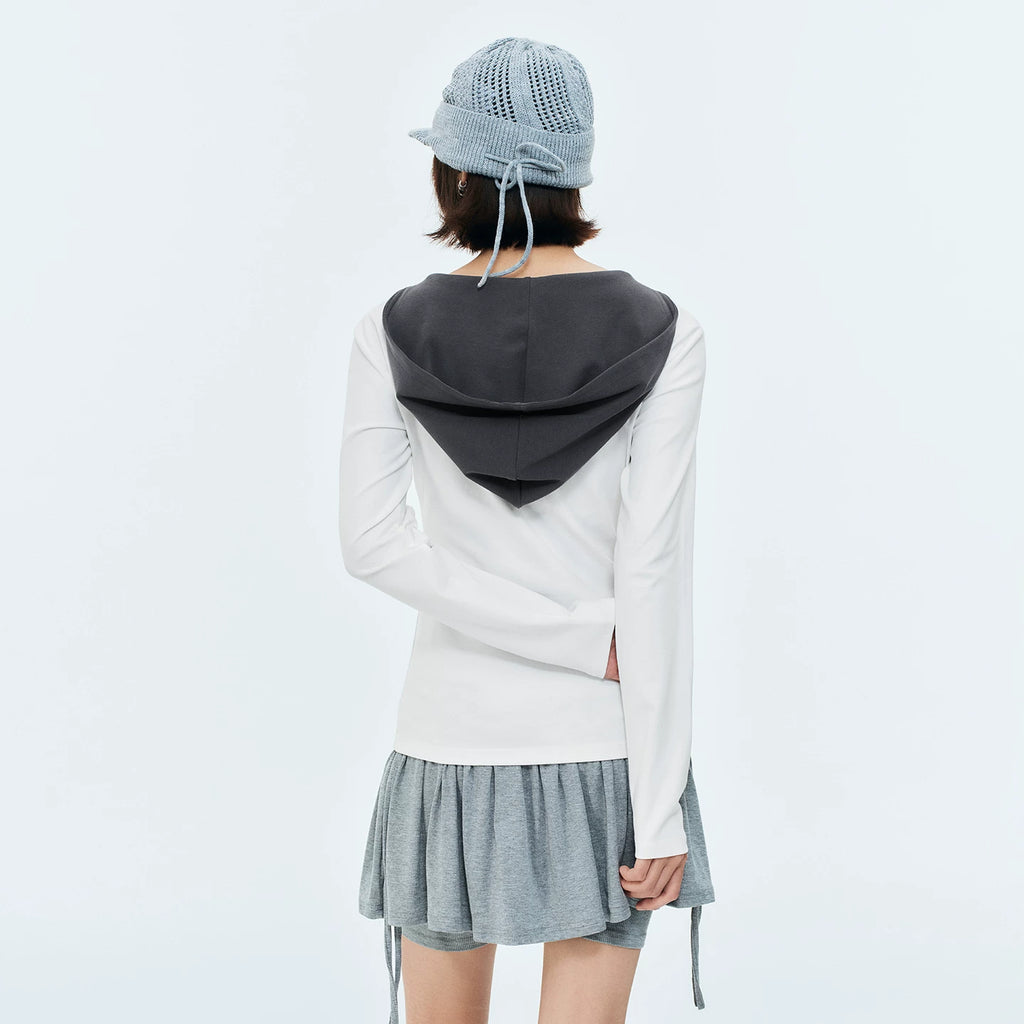 MEDM V-neck slim fit long sleeved casual hooded sweatshirt with rhinestone star logo for slimming, women's top for spring and summer