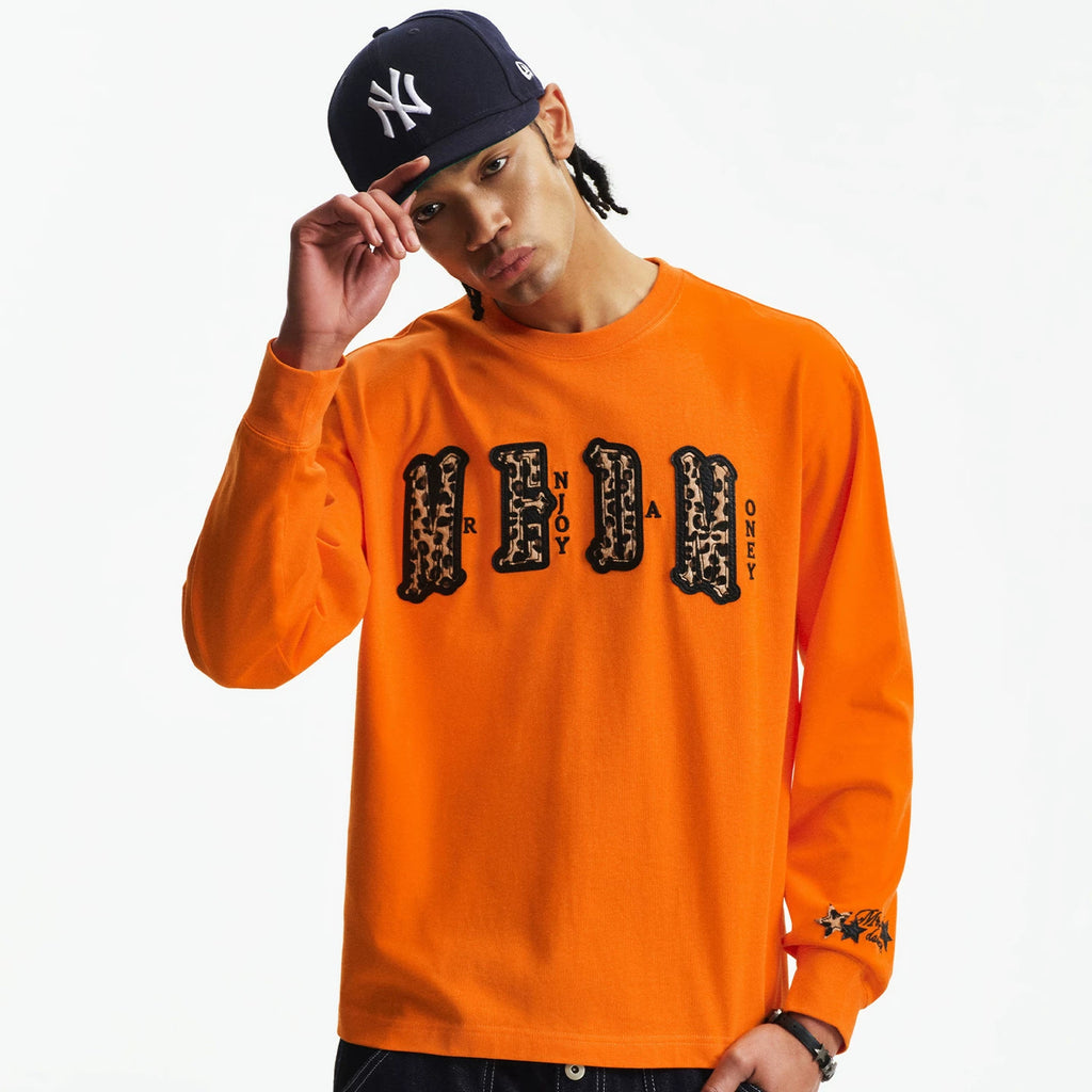 MEDM double-layer leather leopard print patch embroidered casual round neck long sleeved T-shirt trendy and versatile couple loose top