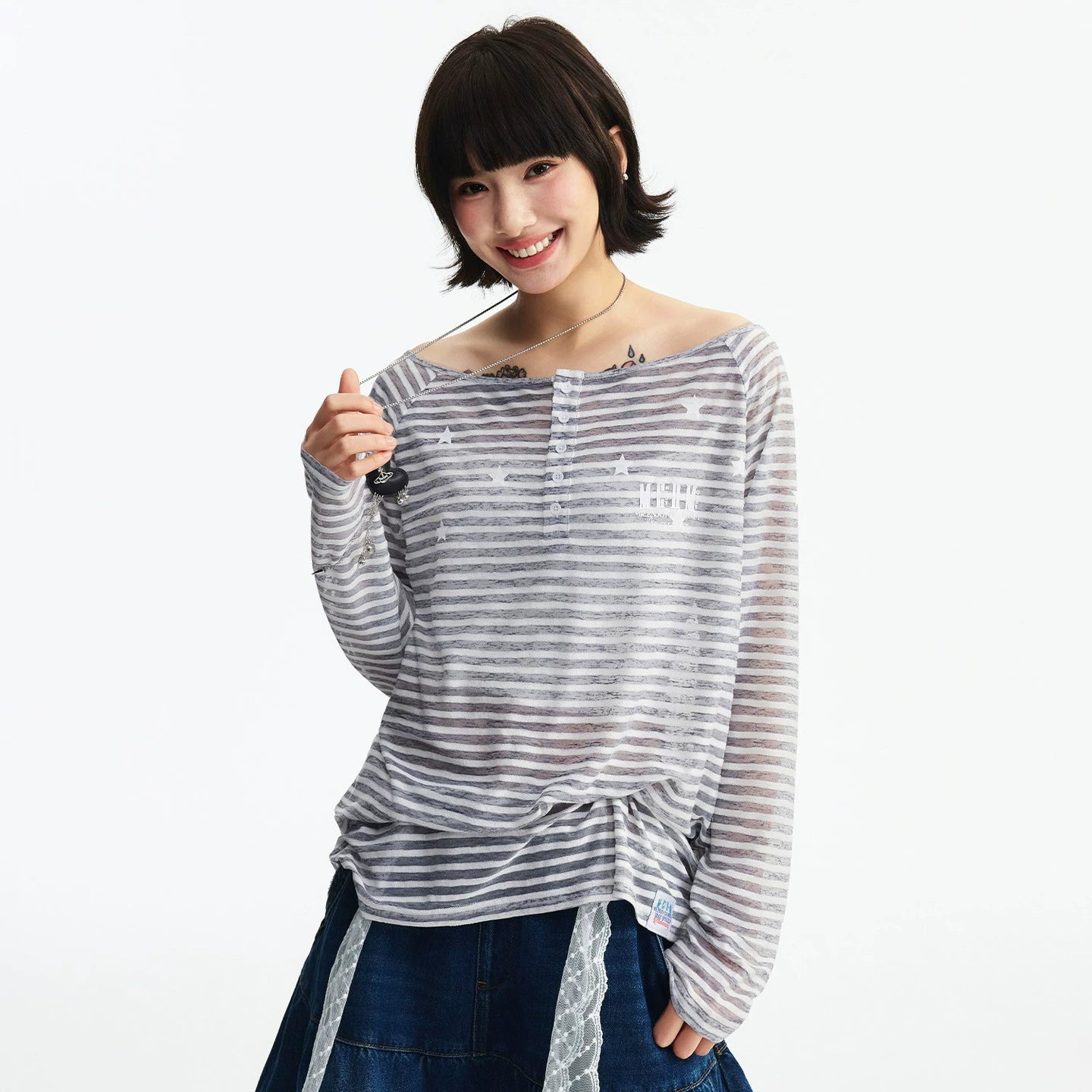 MEDM diagonal shoulder striped star casual lazy long sleeved T-shirt summer lightweight mesh breathable simple top for women