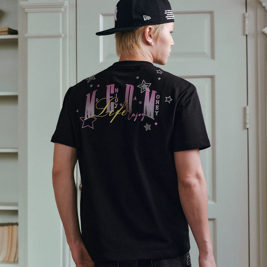 MEDM Sparkling Pink Star Hot Diamond Logo Casual Round Neck T-shirt American Street Versatile Loose Couple Short Sleeve Summer