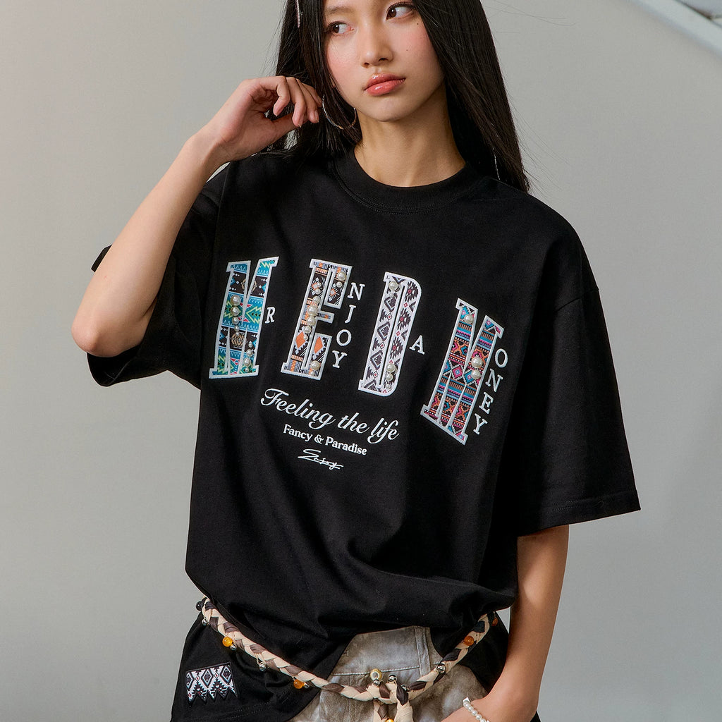 MEDM26SS pearl ethnic style design short sleeved unisex half sleeved tee round neck summer trendy T-shirt top