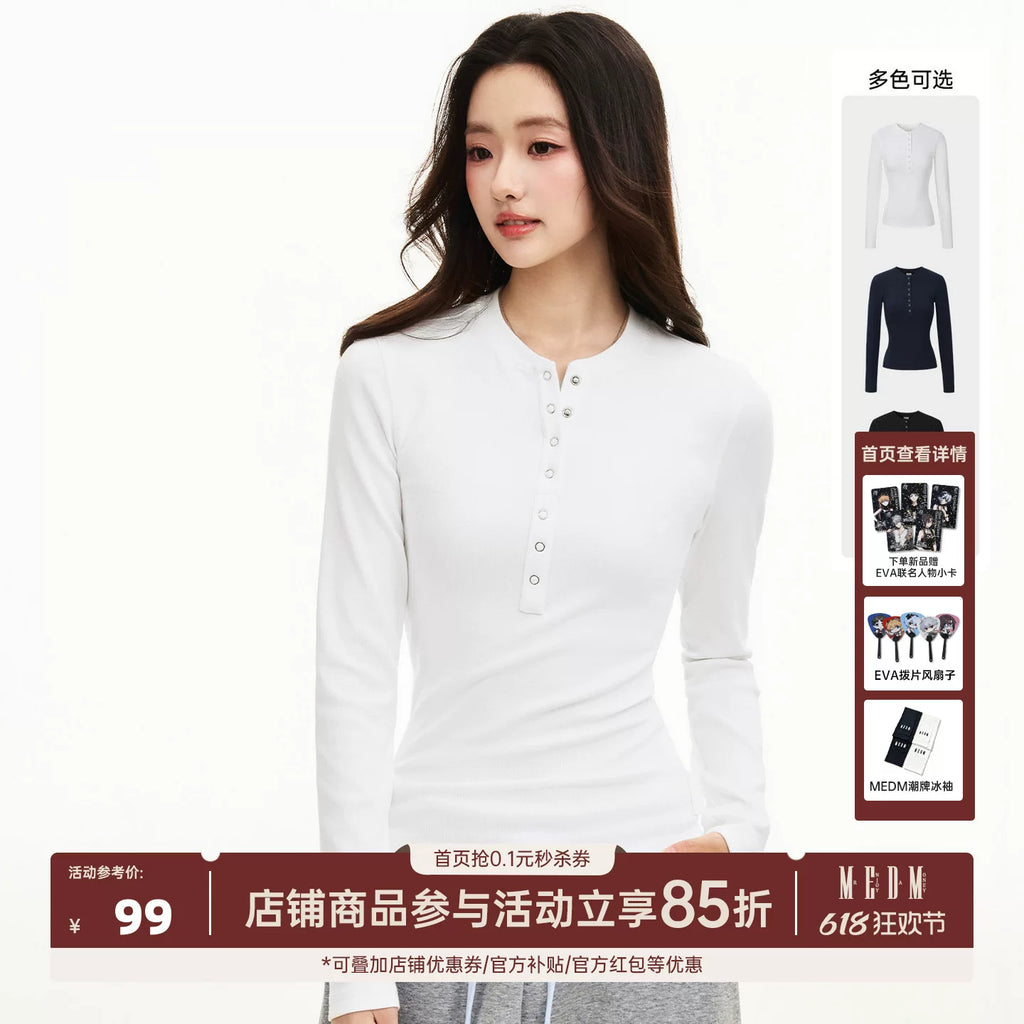 MEDM minimalist design woven label slim fit Henry shirt T-shirt for women, thin and high-end, slimming and versatile casual top for spring