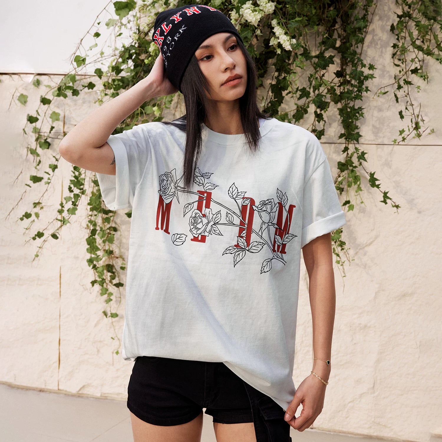 MEDM 26SS Line Branch Rose Wash Short Sleeve Casual T-shirt for Men and Women Summer Loose Round Neck Top t