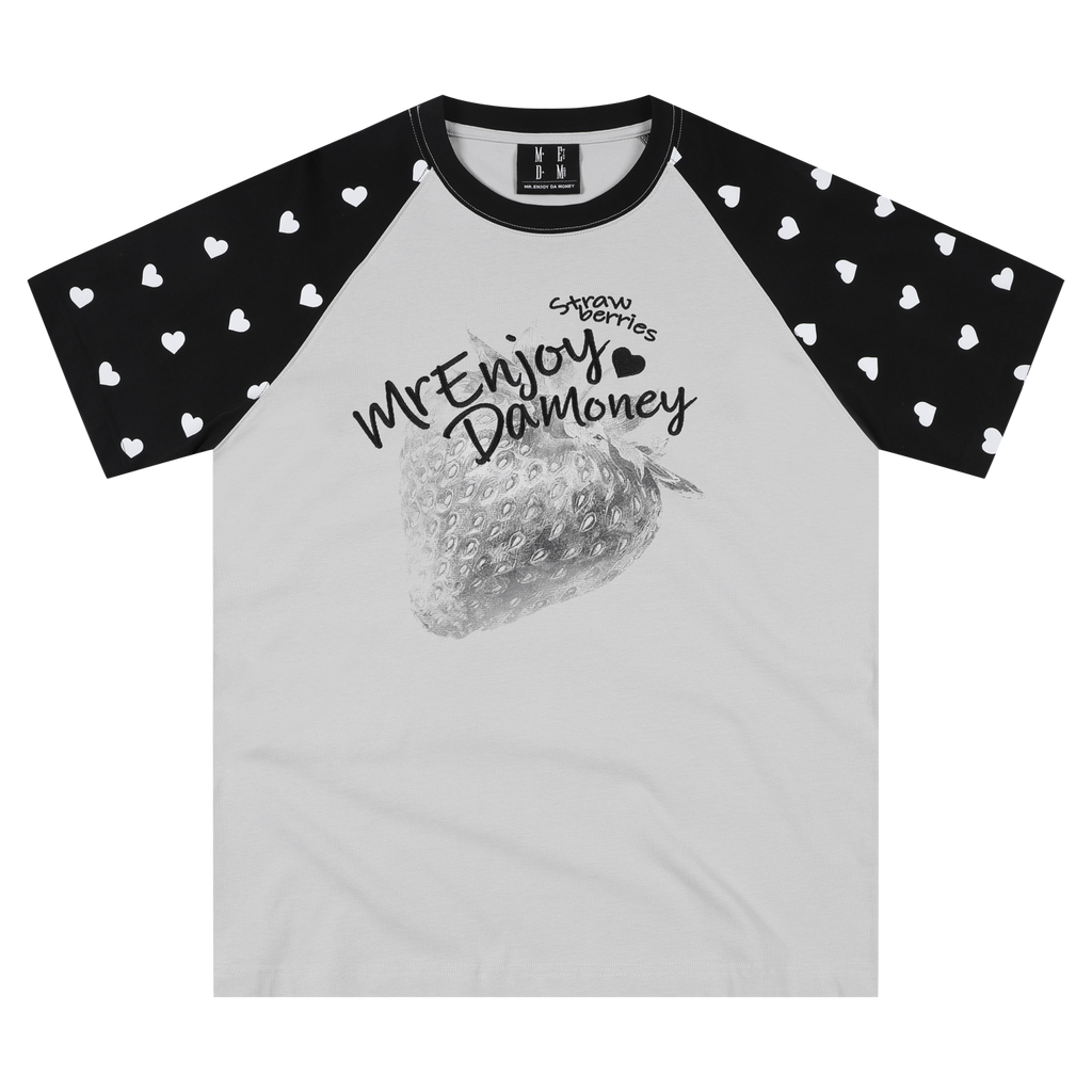 MEDM vintage washed strawberry printed raglan sleeves with heart-shaped polka dot short sleeves, trendy street girl style casual T-shirt