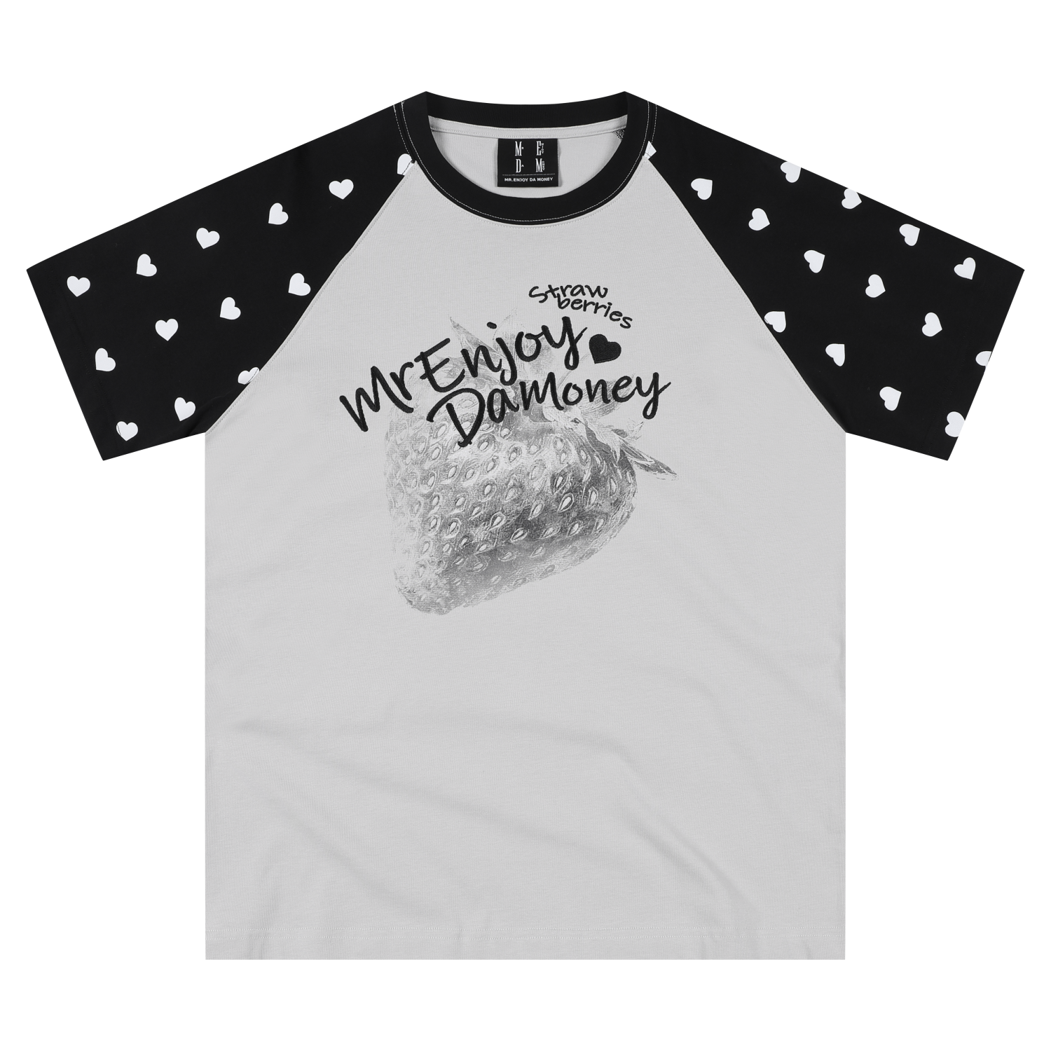 MEDM vintage washed strawberry printed raglan sleeves with heart-shaped polka dot short sleeves, trendy street girl style casual T-shirt