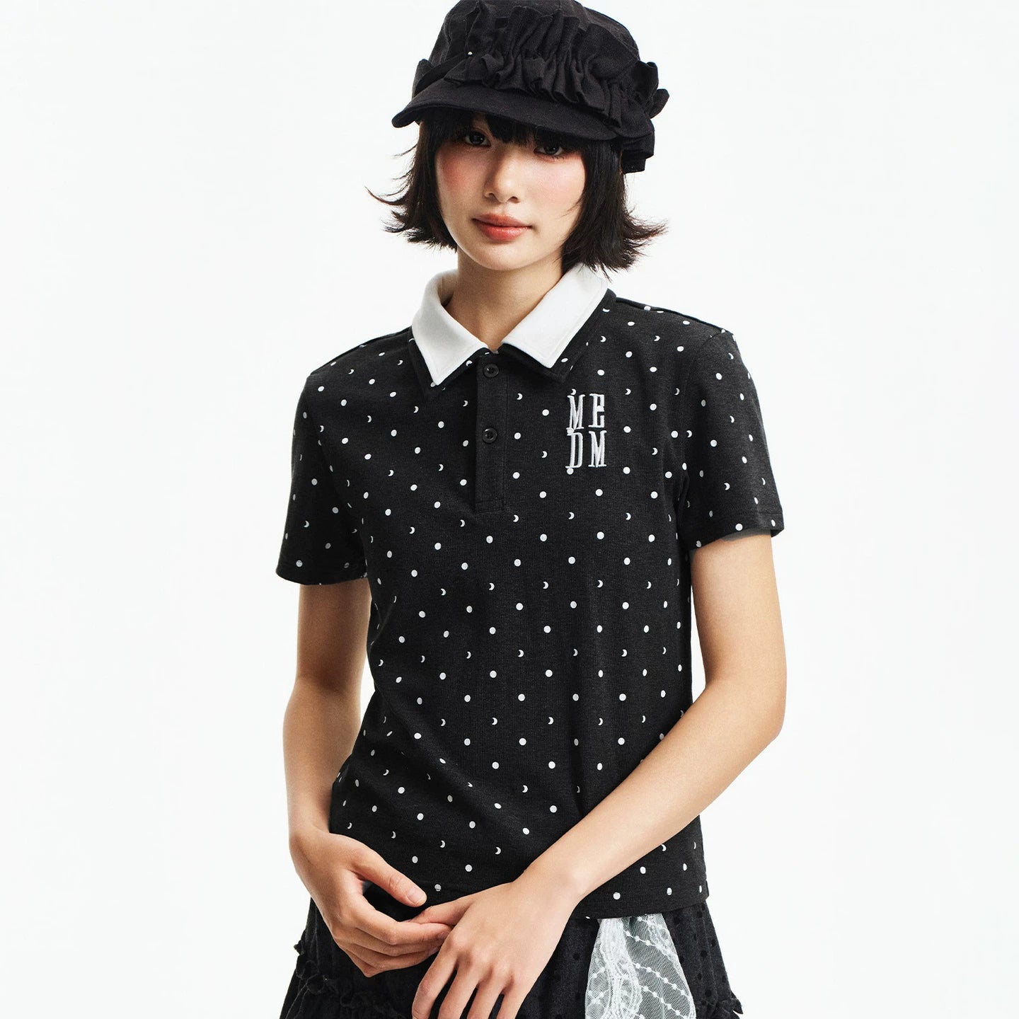 MEDM fake two piece polka dot embroidery loose collar short sleeved summer new retro college style casual T-shirt for women