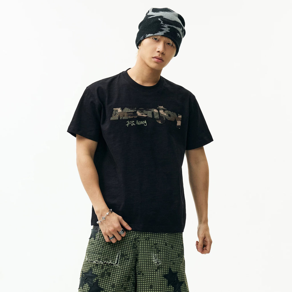 MEDM bamboo cotton camouflage printed torn edge patch embroidered casual round neck short sleeved trendy street loose men's and women's T-shirt