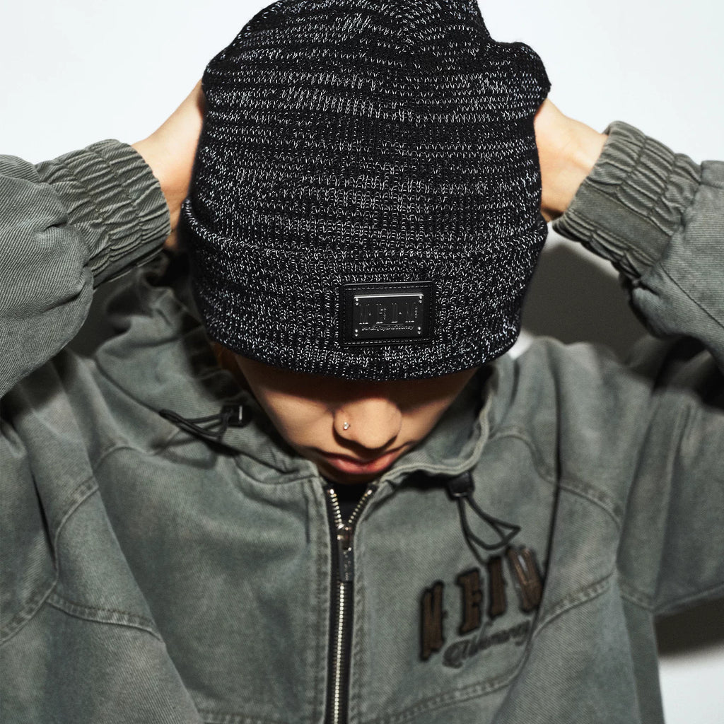 MEDM Metal Leather Brand Starry Sky Cold Hat, Cold resistant and Warm Knitted Hat, American Reflective Winter Hat, Trendy