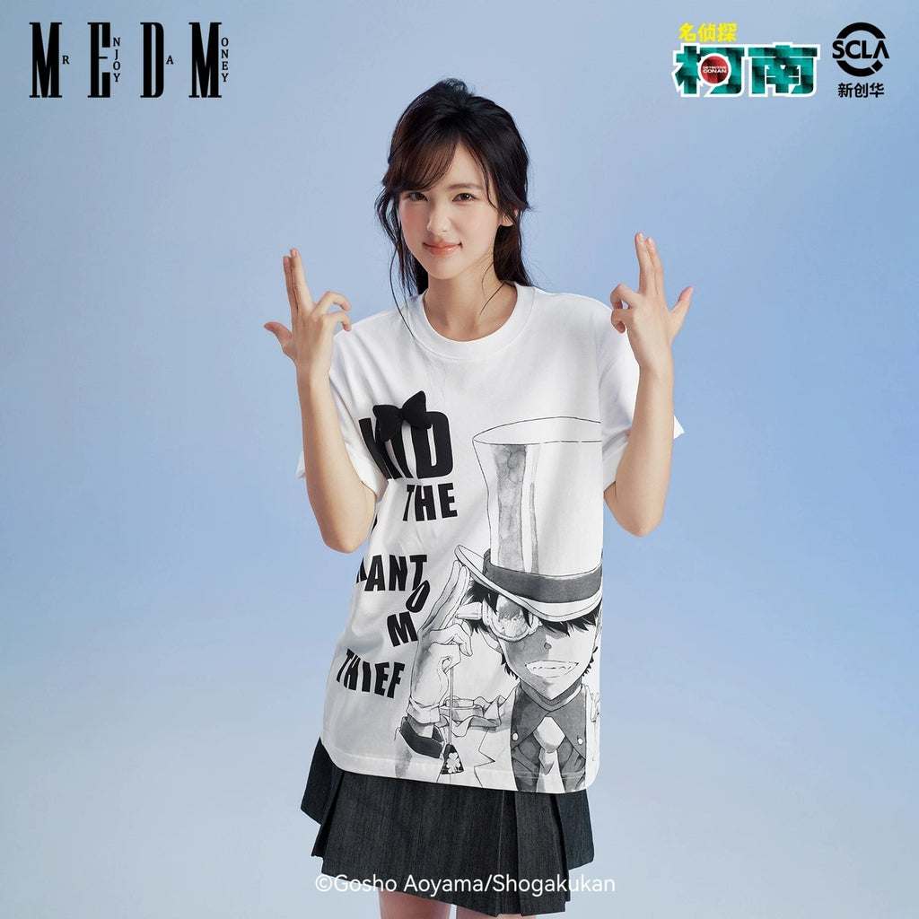 MEDMx Detective Conan co branded black and white anime portrait print casual short sleeved basic versatile couple T-shirt