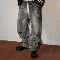 MEDM washed, rubbed, worn, M button casual jeans autumn and winter American street style multi pocket loose pants for men