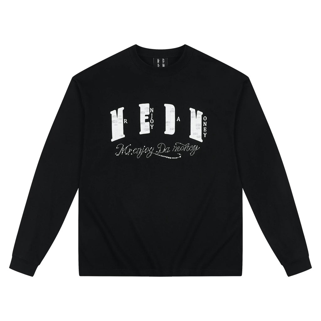 MEDM multi-color small fragrance patch fabric pearl round neck loose long sleeved T-shirt trendy street versatile casual couple top