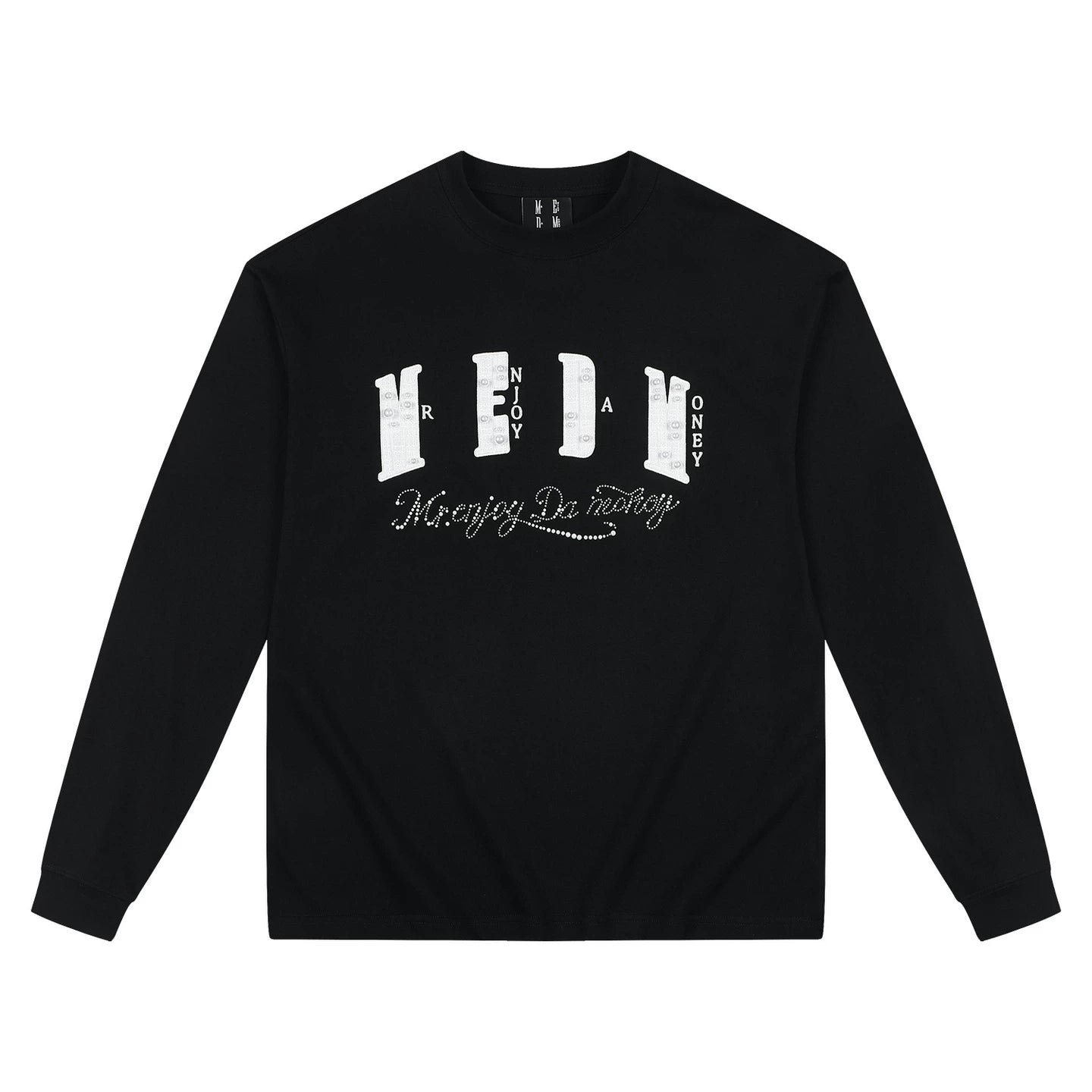 MEDM multi-color small fragrance patch fabric pearl round neck loose long sleeved T-shirt trendy street versatile casual couple top
