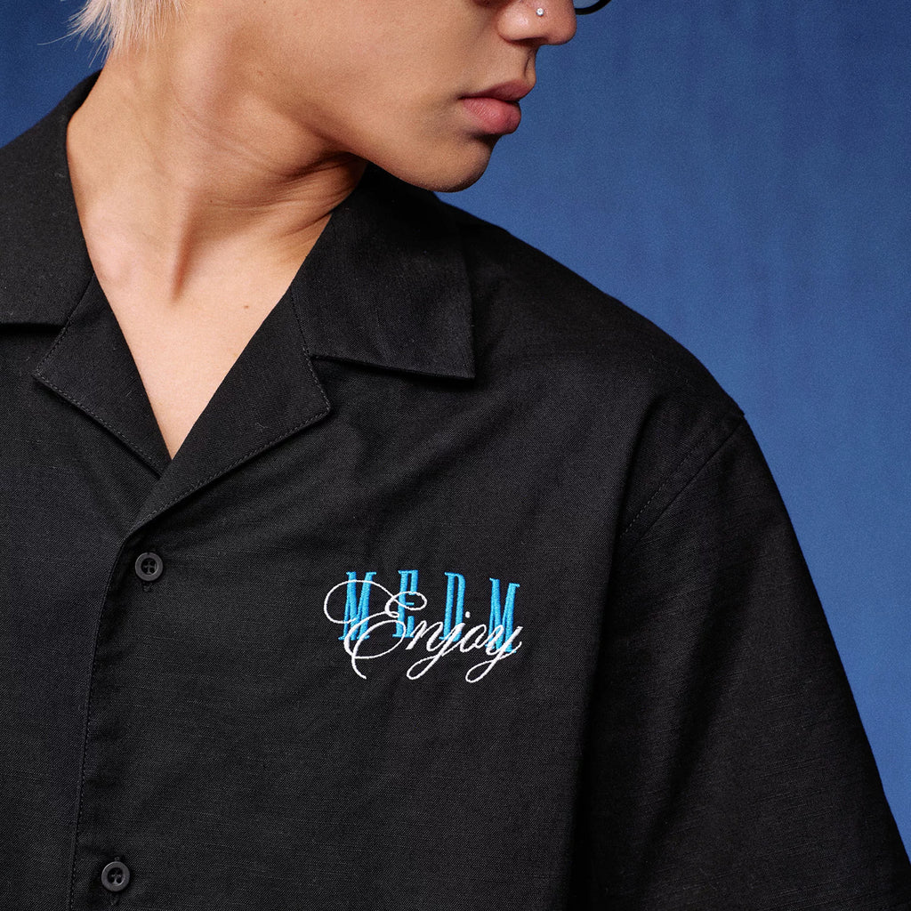 MEDM contrasting lazy style letter embroidery linen loose short sleeved shirt street retro casual top for men and women