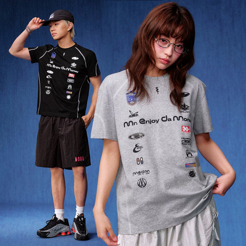 MEDM brand logo layout, stitching, personality, sports and leisure, round neck short sleeved, American trend, raglan sleeve T-shirt, summer