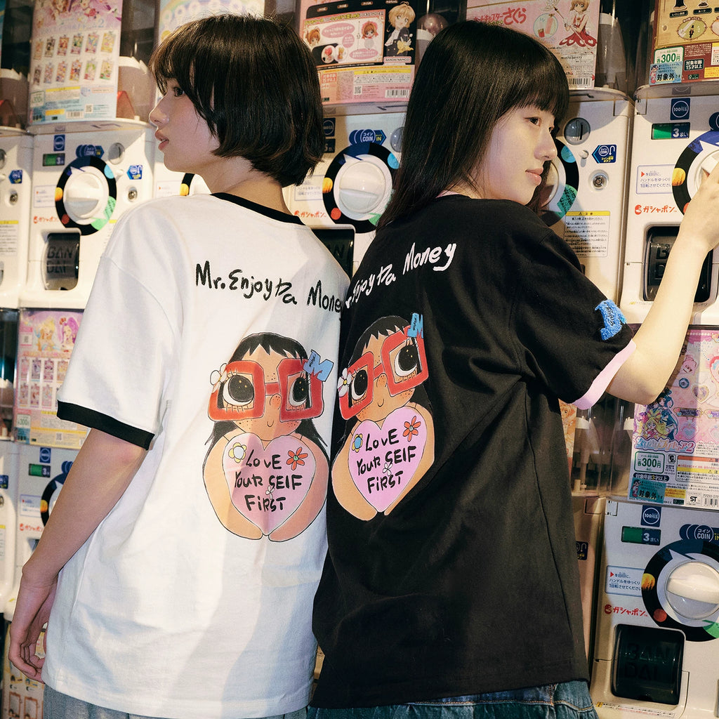 MEDM × YUY Jade Collaboration - Embrace Love Slogan Printed Color Contrasting Collar Cuffs Casual Round Neck Short Sleeve T-shirt