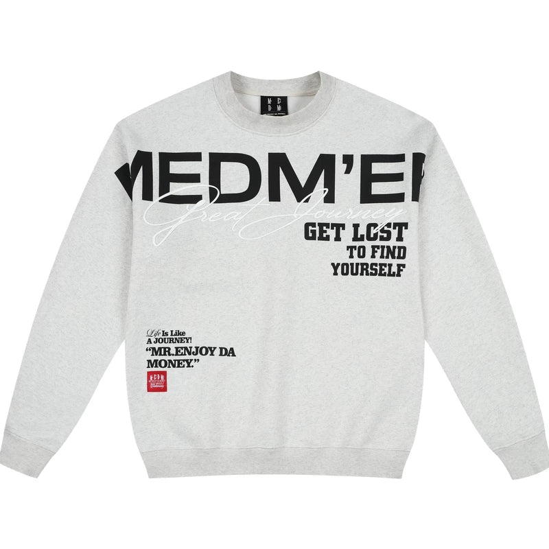 MEDM large letter layout printed casual round neck fleece hoodie simple and versatile couple pullover top for spring and autumn