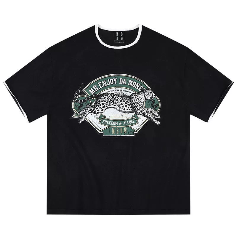 MEDM tricolor vintage printed cheetah pattern American casual short sleeved street trendy round neck pure cotton T-shirt for men and women