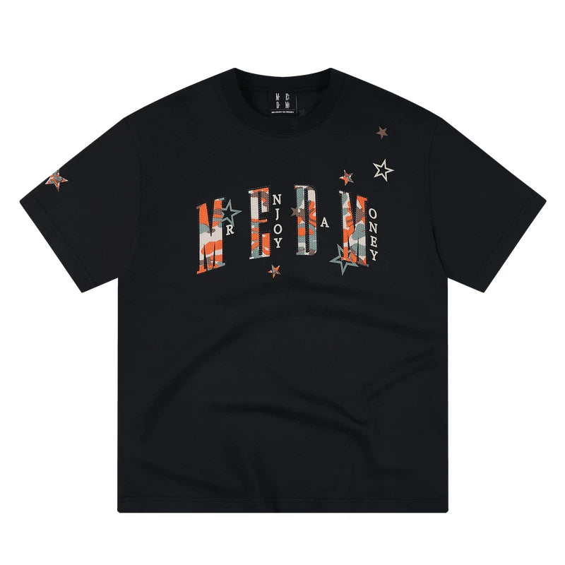 MEDM Camouflage Letter Sticker Diamond Simple Casual Round Neck T-shirt Street Relaxation Loose Look Slim Couple Short Sleeve Summer