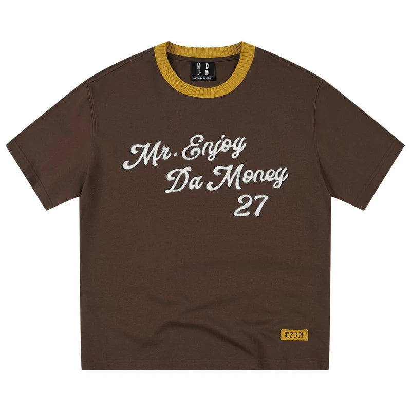 MEDM Color Knitted Letter Plush Round Neck Casual T-shirt Trendy Commuter Men's and Women's Loose Knitted Neck Short Sleeve Summer