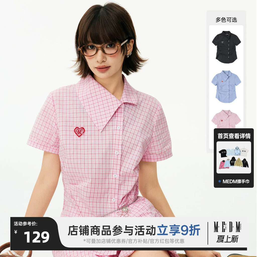 MEDM heart-shaped checkered slanted waist casual short sleeved shirt with sweet and cool embroidery, slim fit and slimming short top for women