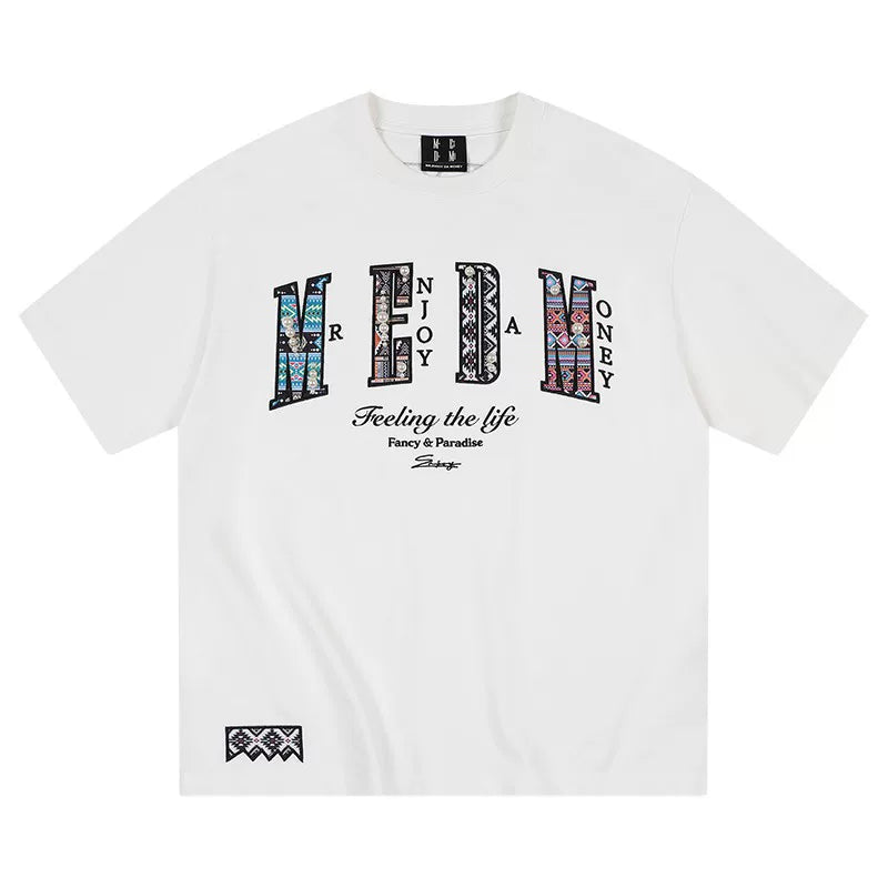 MEDM26SS pearl ethnic style design short sleeved unisex half sleeved tee round neck summer trendy T-shirt top