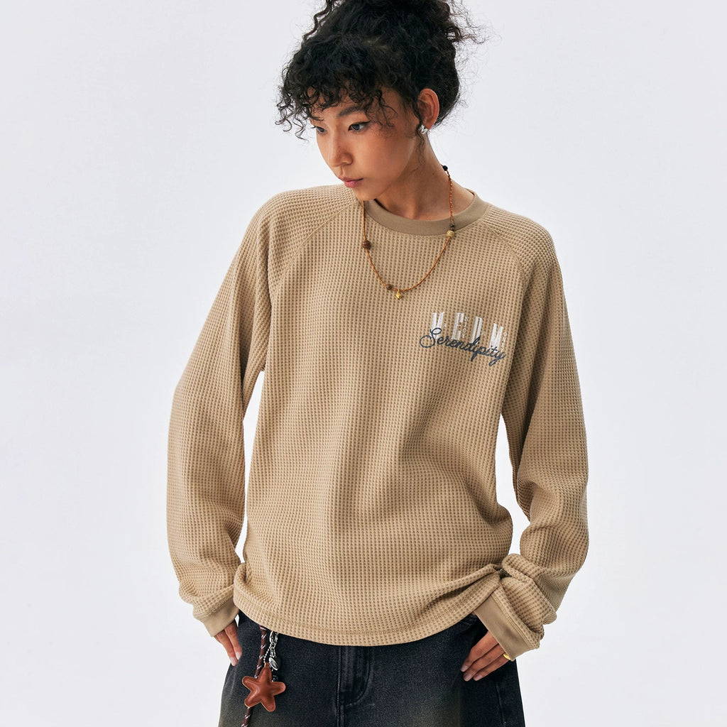 MEDM Multi Color Classic Basic waffle long sleeved T-shirt with embroidered printed letters and round neck casual base shirt for autumn