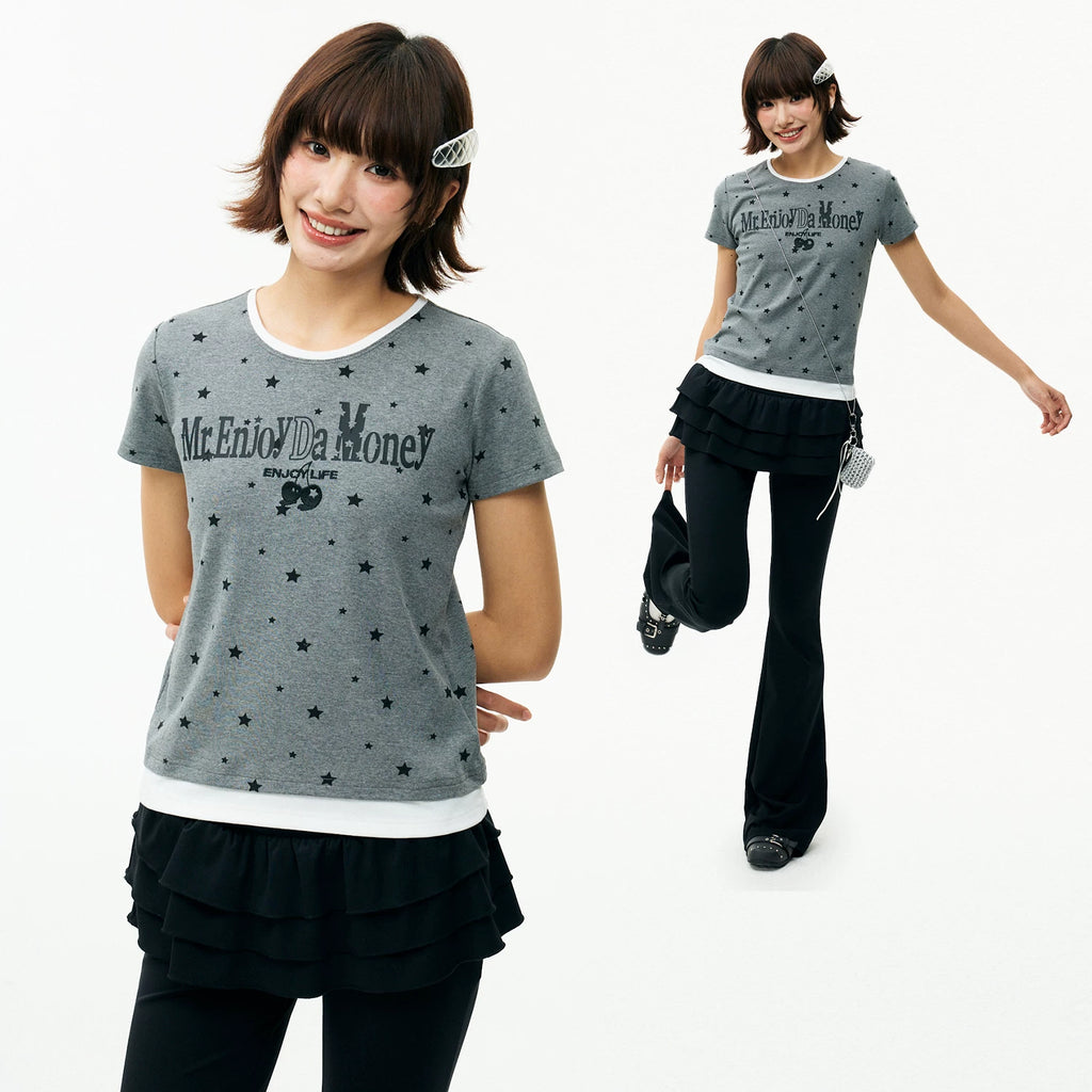 MEDM Color Star Wave Dot Fake Two piece T-shirt Women's Style Letter Printed Girl Feel Casual Round Neck Short Sleeve Summer