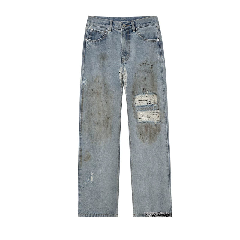 MEDM washed, worn, pasted fabric, ethnic style, casual denim pants, trendy brand, street loose straight leg ripped pants, autumn
