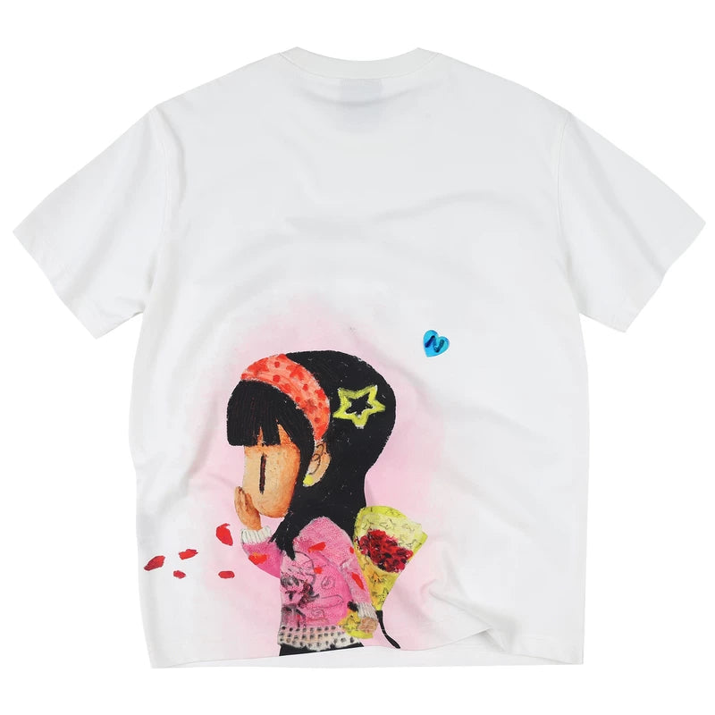 MEDMxNEWMASUS collaboration rose bouquet print casual round neck short sleeved trendy versatile couple T-shirt summer