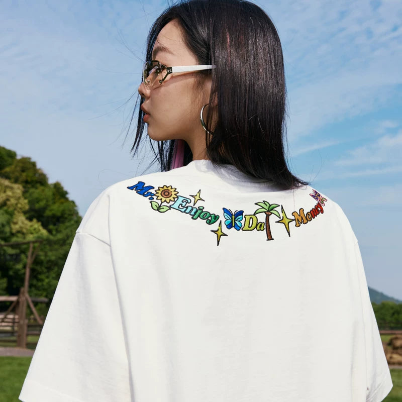 MEDM Butterfly Necklace Embroidered Top Black and White Printed Short Sleeve T-shirt Summer Unisex Versatile Loose Casual T-shirt