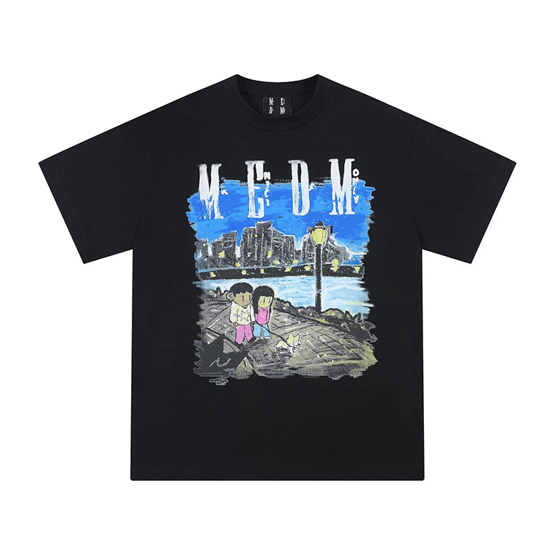 MEDMxNewsus collaboration night stroll short sleeved T-shirt for men and women, American high street round neck loose couple T-shirt