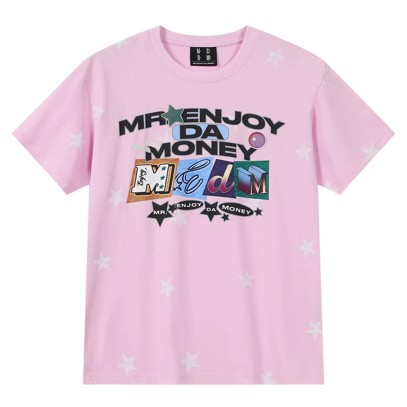 MEDM full print hand-painted star letter print embroidery casual round neck short sleeved trendy loose skin friendly couple T-shirt