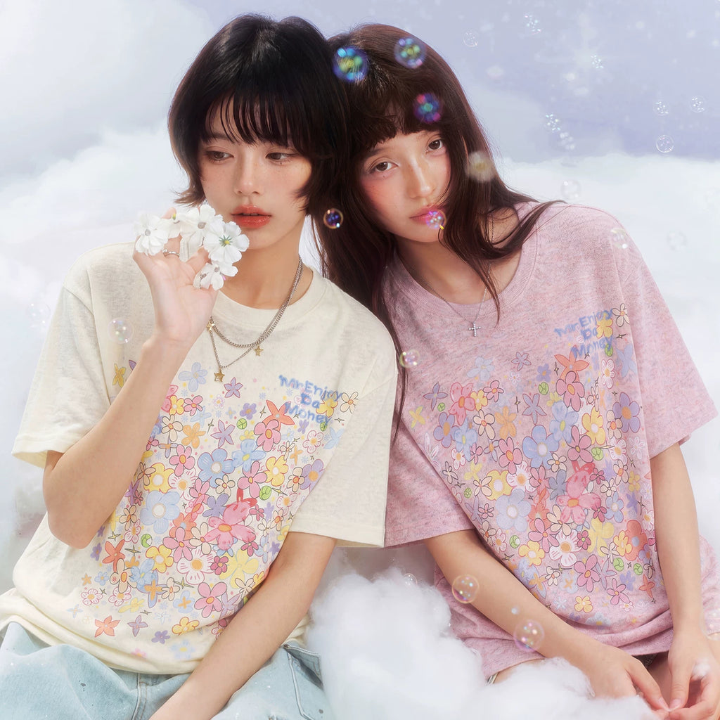 MEDM Dream Illusion Bubble Full Print Flower Sea Dream Sleep Manga Flower Printed Colorful Yarn Casual Short Sleeve Loose Round Neck T-shirt