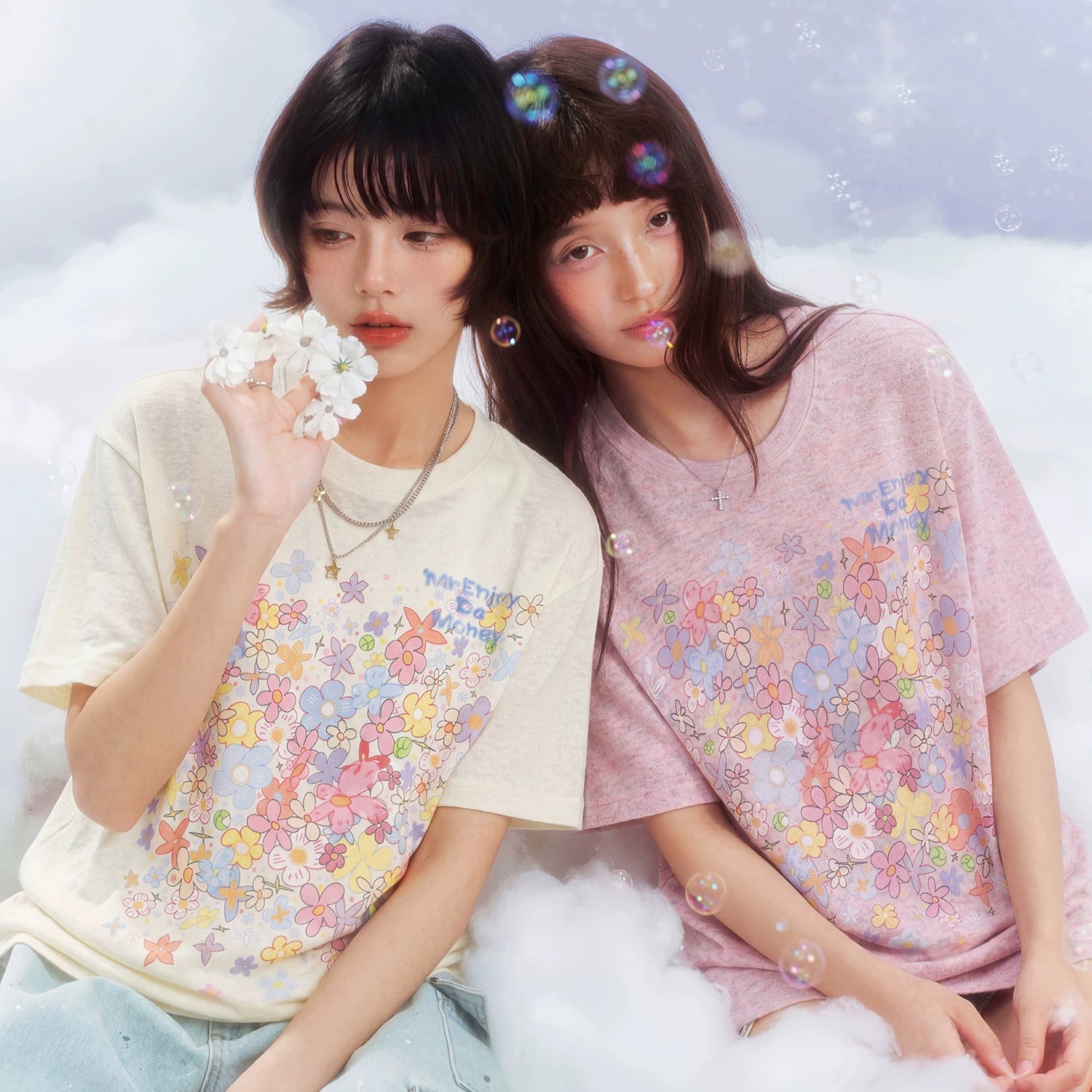 MEDM Dream Illusion Bubble Full Print Flower Sea Dream Sleep Manga Flower Printed Colorful Yarn Casual Short Sleeve Loose Round Neck T-shirt