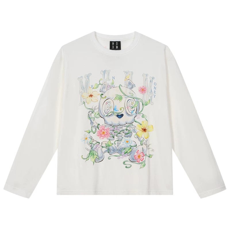 MEDM Skeleton Bear Vine Flower Printed Round Neck Casual Long Sleeve T-shirt Trendy and Comfortable Men's and Women's Top for Spring and Summer