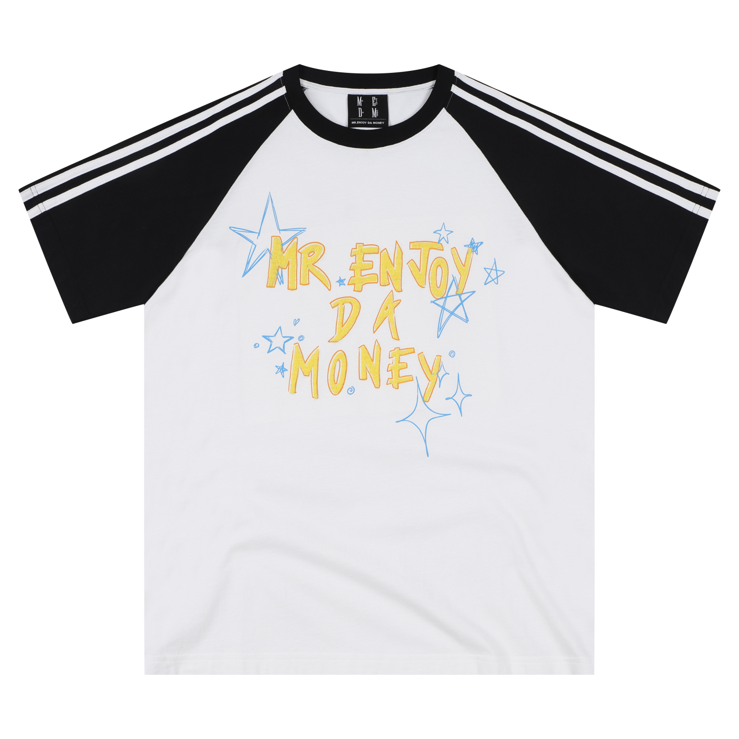 MEDM contrasting graffiti raglan sleeve striped casual T-shirt American street retro ribbed round neck couple short sleeved summer